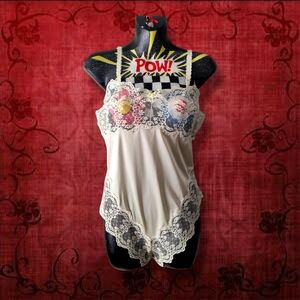 Vintage Boudoir Coquette Romantic Cream Lacey Satin Teddy Bodysuit Lingerie